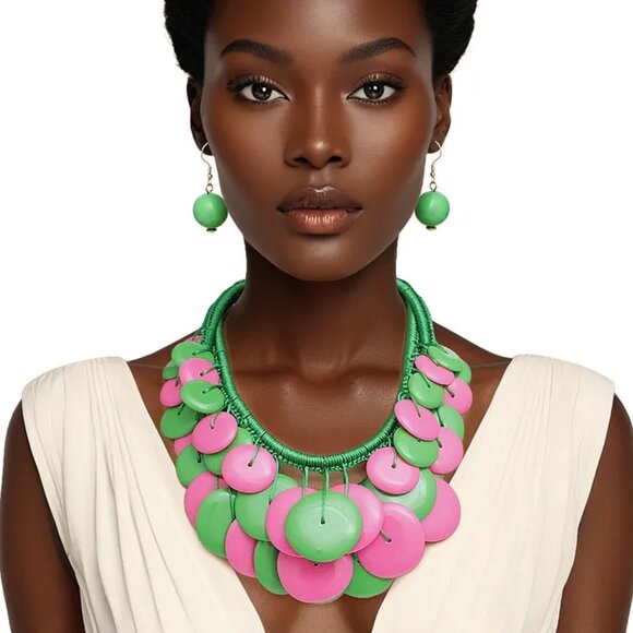 Regal & Radiant: AKA Sorority Dramatic Long Cord Disc Necklace Set - Picture 1 of 2